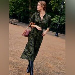 Boden Laura Midi Shirt Dress Size 4R cotton tencel knit Animal Print Green Black